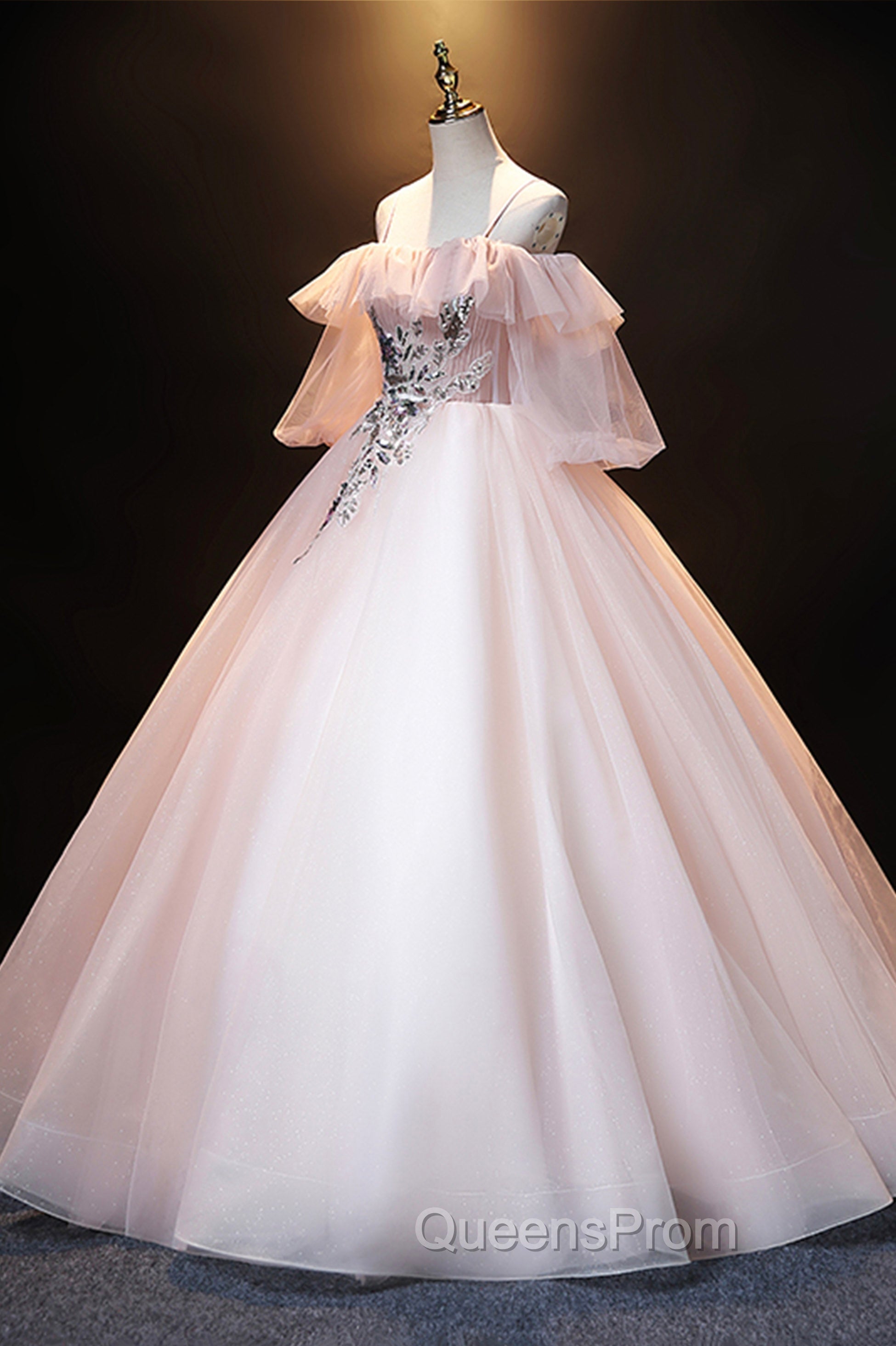 A-Line Pink Spaghetti Straps Long Evening Prom Dress, Pink Lace Evening Dress Secondary image