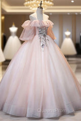 A-Line Pink Spaghetti Straps Long Evening Prom Dress, Pink Lace Evening Dress