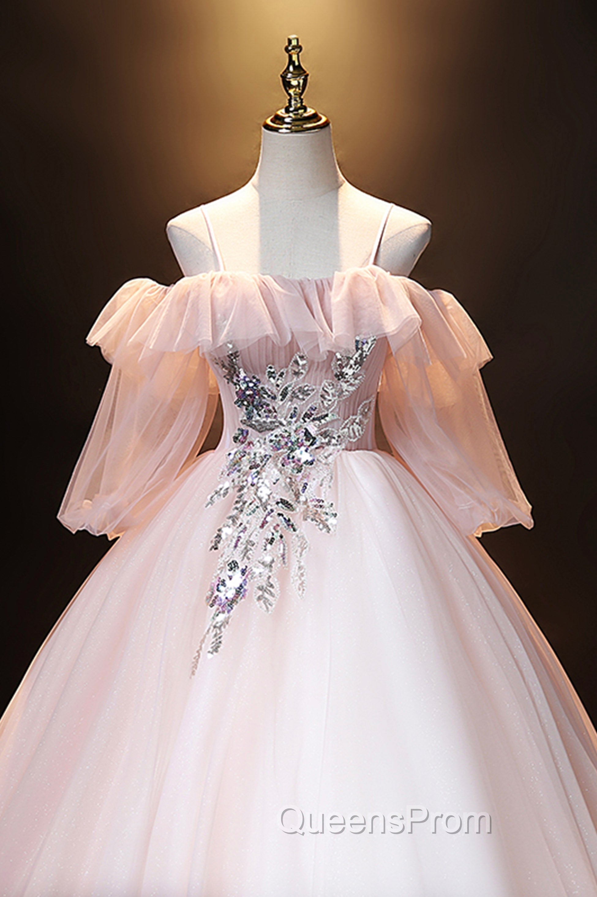 A-Line Pink Spaghetti Straps Long Evening Prom Dress, Pink Lace Evening Dress