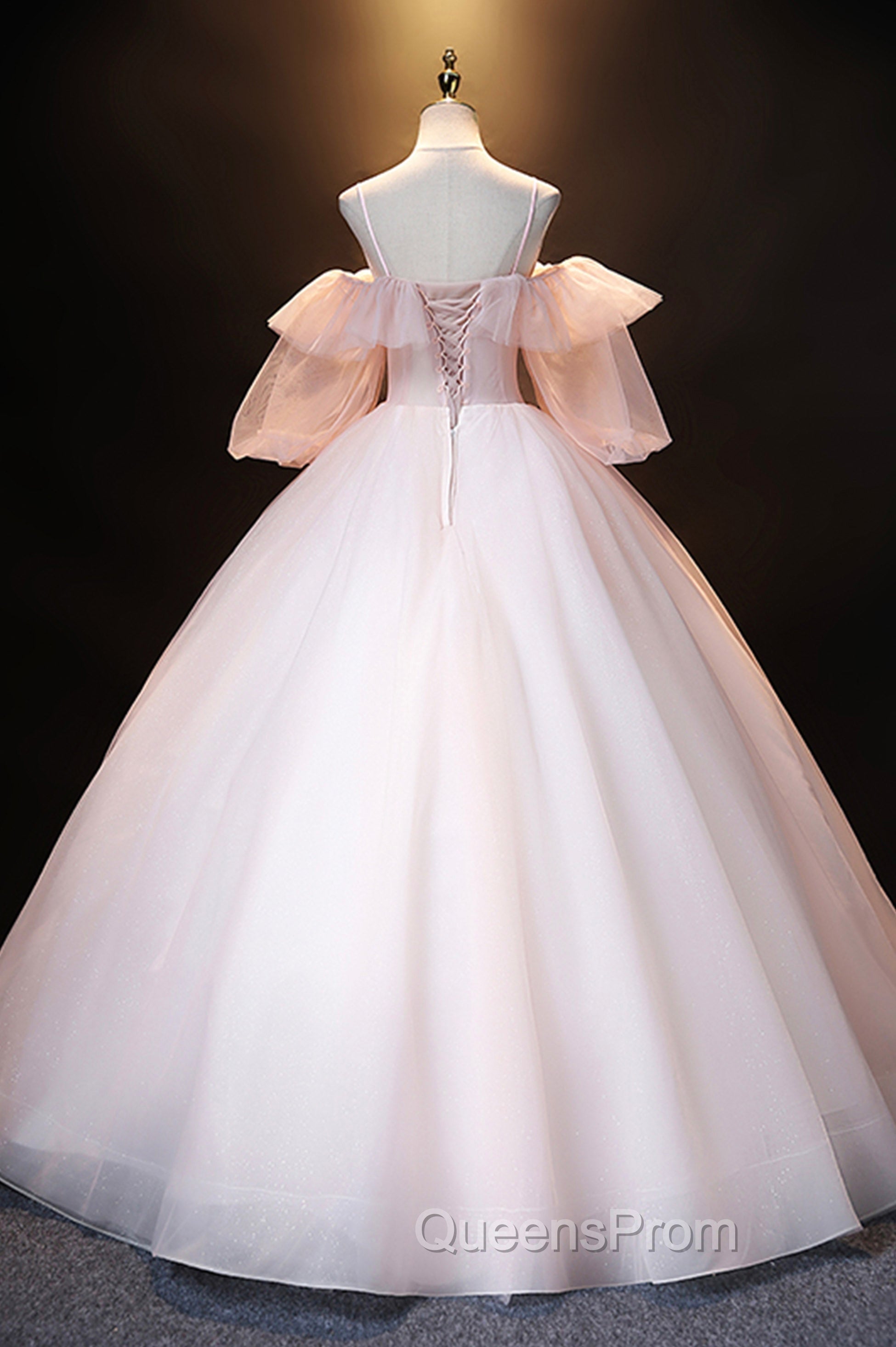 A-Line Pink Spaghetti Straps Long Evening Prom Dress, Pink Lace Evening Dress