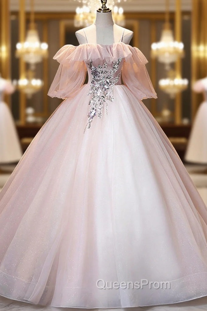 A-Line Pink Spaghetti Straps Long Evening Prom Dress, Pink Lace Evening Dress Main image
