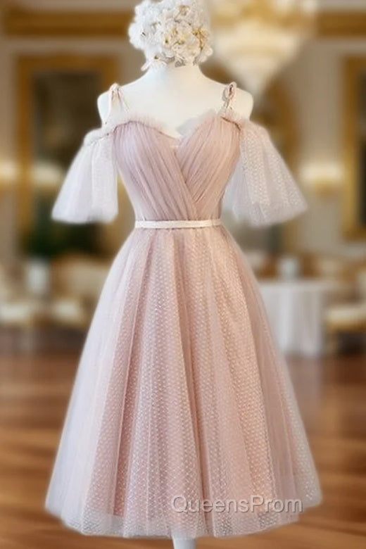 A-Line Pink Straps Tulle Bridesmaid Dress