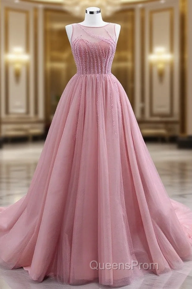 A-Line Pink Tulle Backless Beading Evening Prom Dress