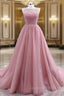 A-Line Pink Tulle Backless Beading Evening Prom Dress