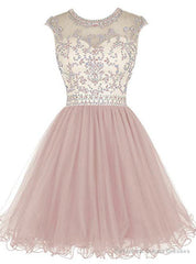 A-Line Pink Tulle Cap Sleeve Beading Sequins Homecoming Dress