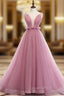 A-Line Pink Tulle Deep V-neck Backless Long Evening Prom Dress