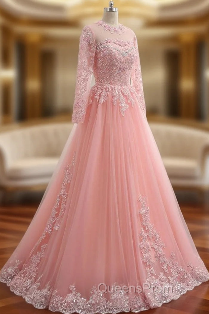 A-Line Pink Tulle Lace Appliques Long Sleeve Evening Prom Dress