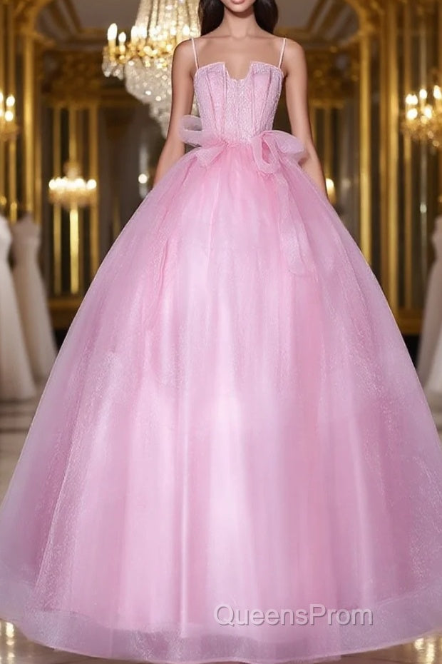 A-Line Pink Tulle Lace Long Evening Prom Dress, Pink Formal Dress Main image