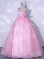 A-Line Pink Tulle Lace Long Evening Prom Dress, Pink Formal Dress