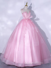 A-Line Pink Tulle Lace Long Evening Prom Dress, Pink Formal Dress