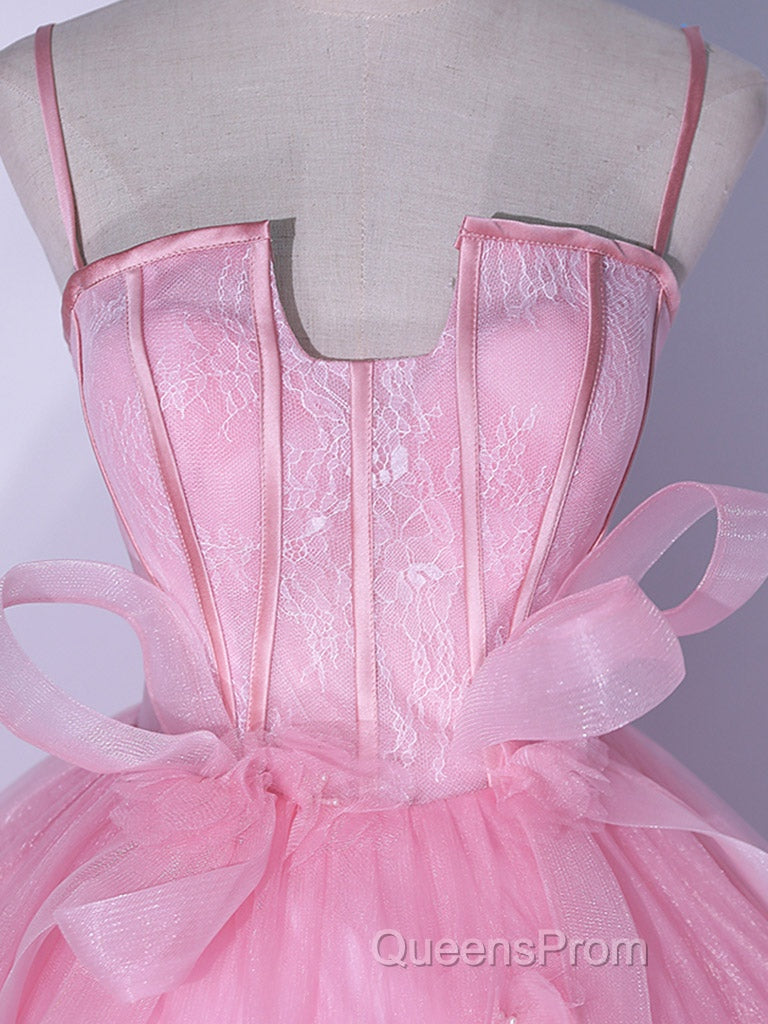 A-Line Pink Tulle Lace Long Evening Prom Dress, Pink Formal Dress