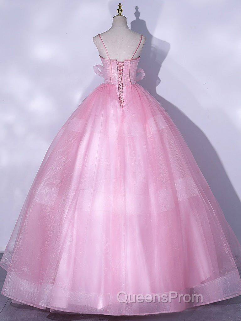 A-Line Pink Tulle Lace Long Evening Prom Dress, Pink Formal Dress