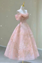 A Line Pink Tulle Lace Off The Shoulder Evening Prom Dress, Formal Evening Dress