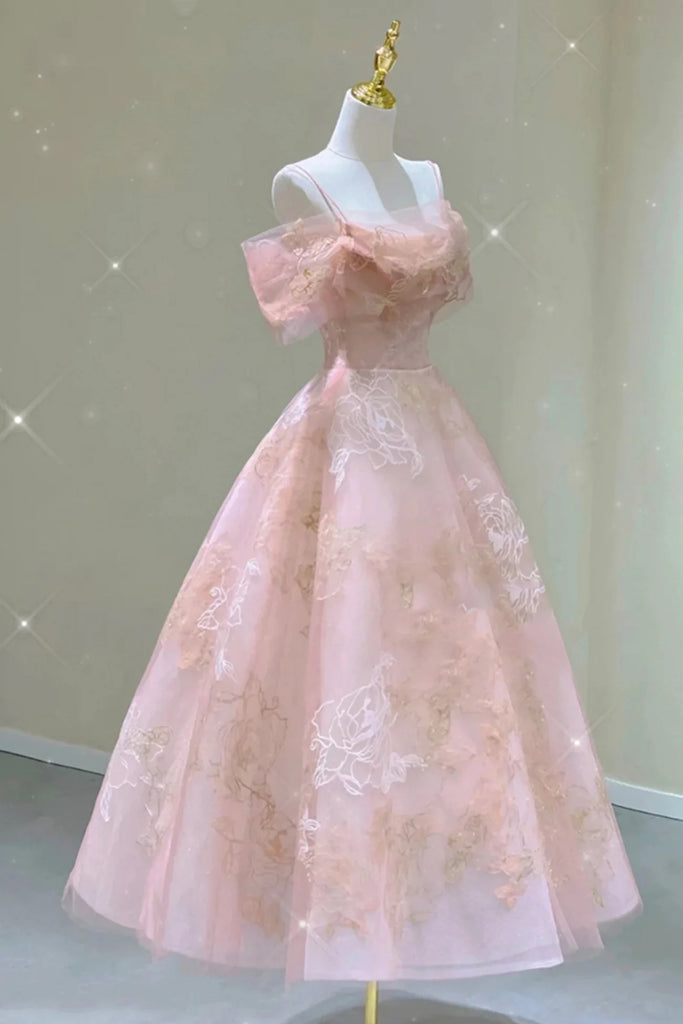 A Line Pink Tulle Lace Off The Shoulder Classy Prom Dress, Classy Evening Dress