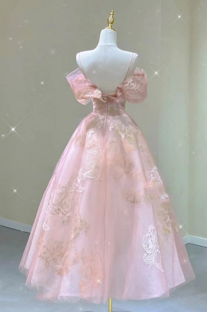 A Line Pink Tulle Lace Off The Shoulder Classy Prom Dress, Classy Evening Dress