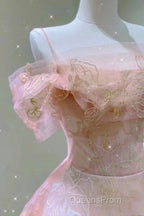 A Line Pink Tulle Lace Off The Shoulder Evening Prom Dress, Formal Evening Dress