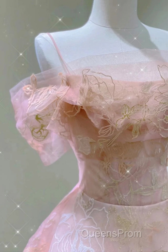 A Line Pink Tulle Lace Off The Shoulder Evening Prom Dress, Formal Evening Dress