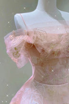 A Line Pink Tulle Lace Off The Shoulder Classy Prom Dress, Classy Evening Dress