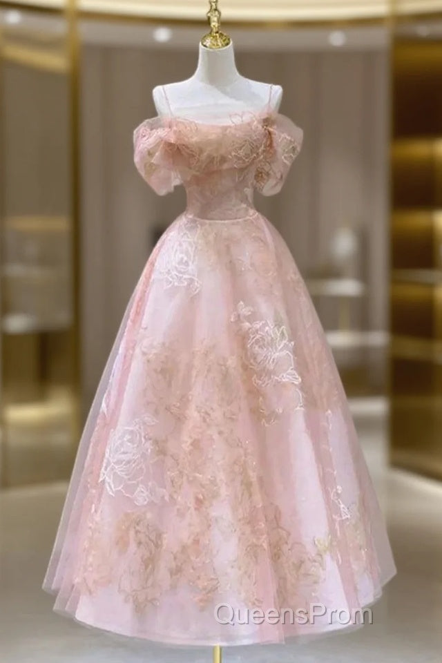A Line Pink Tulle Lace Off The Shoulder Evening Prom Dress, Formal Evening Dress Main image