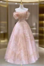 A Line Pink Tulle Lace Off The Shoulder Evening Prom Dress, Formal Evening Dress