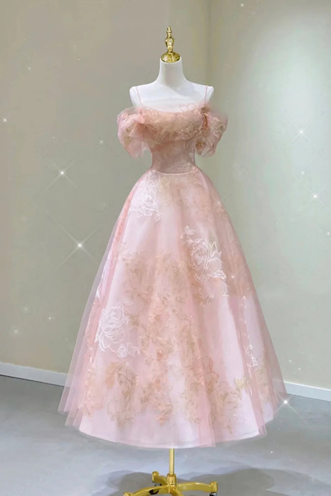 A Line Pink Tulle Lace Off The Shoulder Classy Prom Dress, Classy Evening Dress Main image