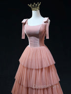 A Line Pink Tulle Long Evening Prom Dress, Pink Evening Graduation Dress