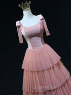 A Line Pink Tulle Long Evening Prom Dress, Pink Evening Graduation Dress
