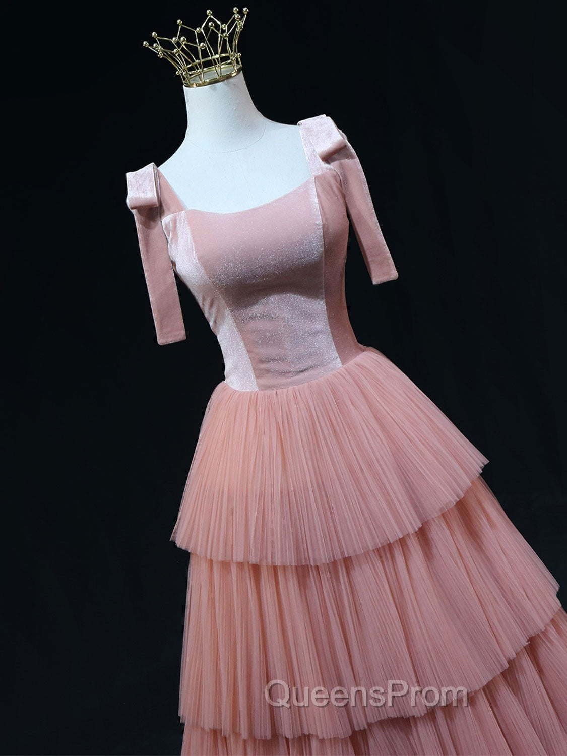A Line Pink Tulle Long Evening Prom Dress, Pink Evening Graduation Dress