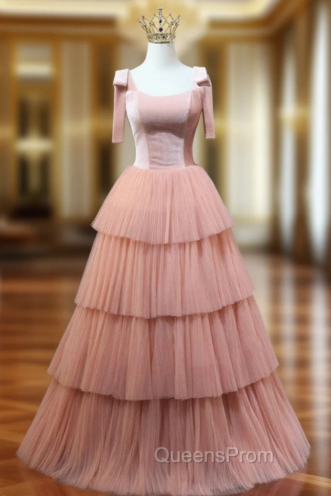 A Line Pink Tulle Long Evening Prom Dress, Pink Evening Graduation Dress
