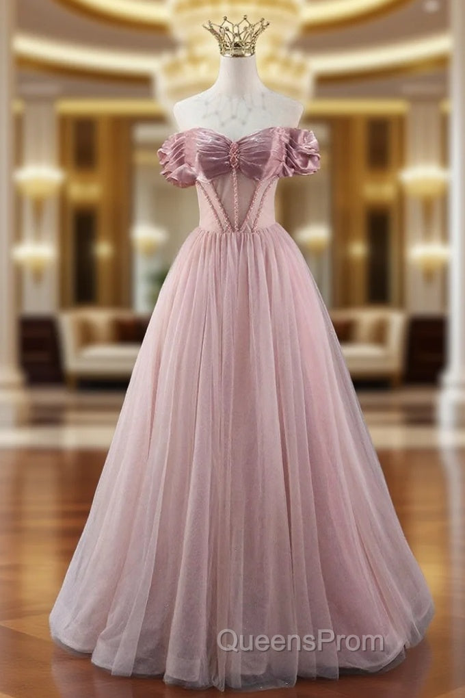 A-line Pink Tulle Off the Shoulder Beading Pleats Evening Prom Dress