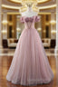 A-line Pink Tulle Off the Shoulder Beading Pleats Evening Prom Dress