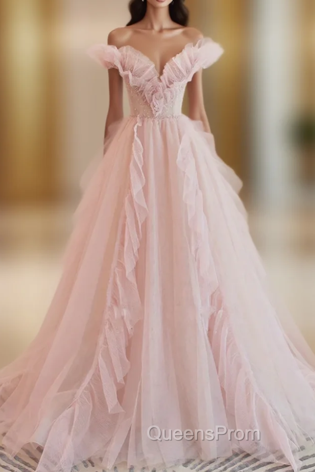 A-line Pink Tulle Off the Shoulder Evening Prom Dress