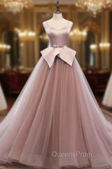 A-Line Pink Tulle Satin Spagehtti Straps Evening Prom Dress