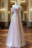 A-Line Pink Tulle Sequins Off the Shoulder Evening Prom Dress