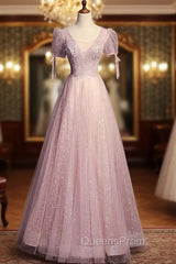 A-line Pink Tulle Sequins Short Sleeve Beading Evening Prom Dress