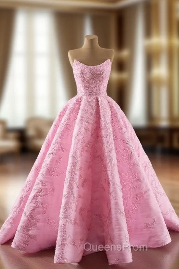A-Line Pink Tulle Sequins Strapless Evening Prom Dress