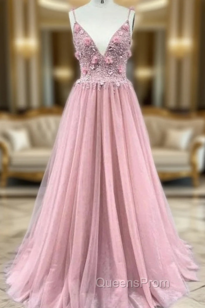 A-Line Pink Tulle Spaghetti Straps Backless Beading Evening Prom Dress