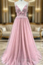 A-Line Pink Tulle Spaghetti Straps Backless Beading Evening Prom Dress