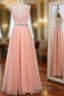 A-Line Pink Tulle Spaghetti Straps Beaded Floor Length Evening Prom Dress