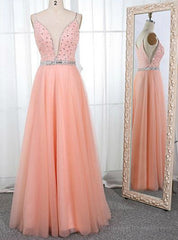 A-Line Pink Tulle Spaghetti Straps Beaded Floor Length Prom Dress