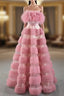 A-Line Pink Tulle Strapless Sleeveless Evening Prom Dress With Feather