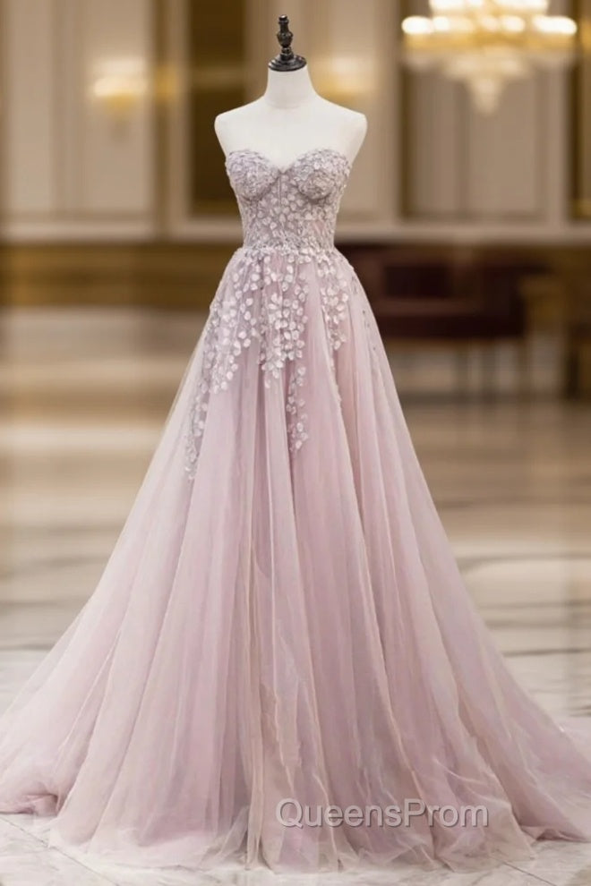 A-Line Pink Tulle Sweetheart Appliques Evening Prom Dress