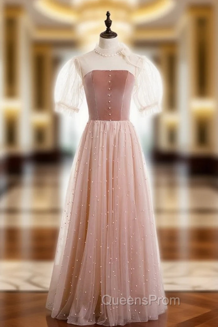 A-Line Pink Tulle Velvet High Neck Short Sleeve Evening Prom Dress