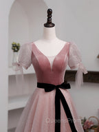 A-Line Pink Tulle Velvet Long Evening Prom Dress, Pink Evening Dress