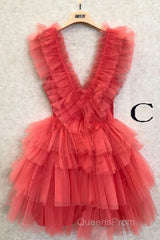 A Line Pink V Neck Tiered Homecoming Dress,Tulle Short Evening Prom Party Dress