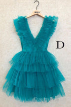 A Line Pink V Neck Tiered Homecoming Dress,Tulle Short Evening Prom Party Dress