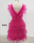A Line Pink V Neck Tiered Homecoming Dress,Tulle Short Evening Prom Party Dress