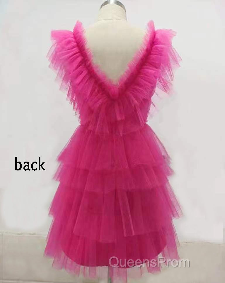 A Line Pink V Neck Tiered Homecoming Dress,Tulle Short Evening Prom Party Dress