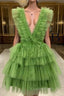 A Line Pink V Neck Tiered Homecoming Dress,Tulle Short Evening Prom Party Dress