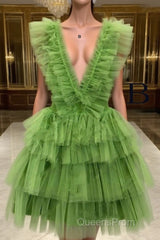 A Line Pink V Neck Tiered Homecoming Dress,Tulle Short Evening Prom Party Dress